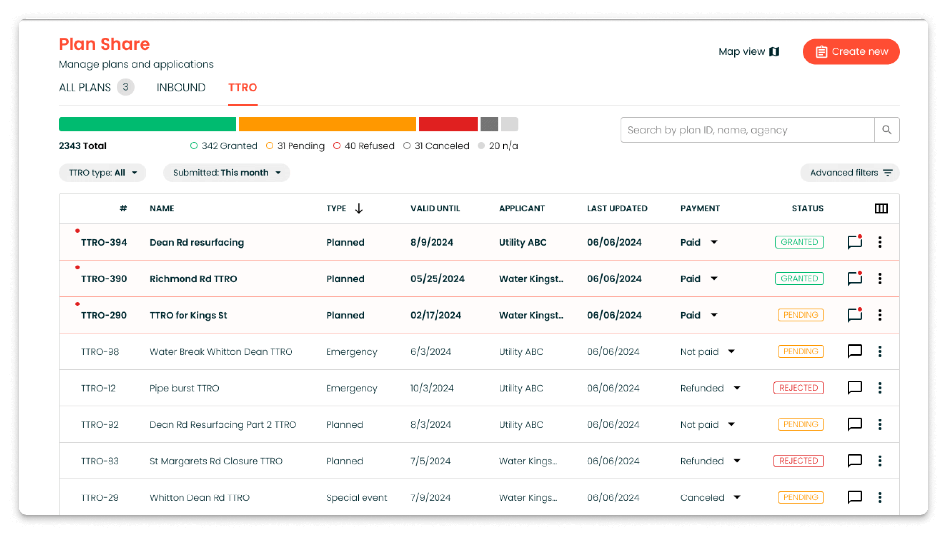 A dashboard view of the new and improved, soon-to-be launched Causeway one.network Plan Share solution. It shows a list of TTRO (Temporary Traffic Regulation Order) plans with details such as name, type, validity date, applicant, payment status, and approval status, along with a progress bar summarising the status of all plans.